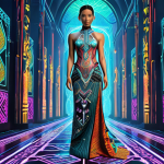 **Prompt 1 (Cultural Digital Fashion):** A stunning digital fashion artwork featuring a futuristic gown inspired by traditional Malaysian Batik and Songket patterns. The garment seamlessly blends intricate floral and geometric motifs with sleek, cyberpunk aesthetics. It appears on a digital avatar or a hyper-realistic virtual model, set against an ethereal, glowing metaverse landscape that hints at ancient rainforests and modern cityscapes. Emphasize vibrant colors, glowing threads, and a sense of cultural narrative woven into every digital detail.
