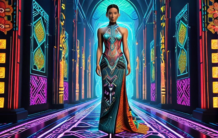 **Prompt 1 (Cultural Digital Fashion):** A stunning digital fashion artwork featuring a futuristic gown inspired by traditional Malaysian Batik and Songket patterns. The garment seamlessly blends intricate floral and geometric motifs with sleek, cyberpunk aesthetics. It appears on a digital avatar or a hyper-realistic virtual model, set against an ethereal, glowing metaverse landscape that hints at ancient rainforests and modern cityscapes. Emphasize vibrant colors, glowing threads, and a sense of cultural narrative woven into every digital detail.