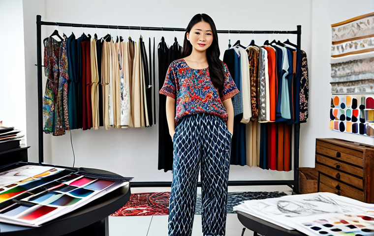 **

"A Malaysian fashion designer in her studio, surrounded by fabric swatches and design sketches, wearing a batik top and comfortable pants, fully clothed, appropriate attire, safe for work, perfect anatomy, natural proportions, professional, bright and airy studio, high quality"

**